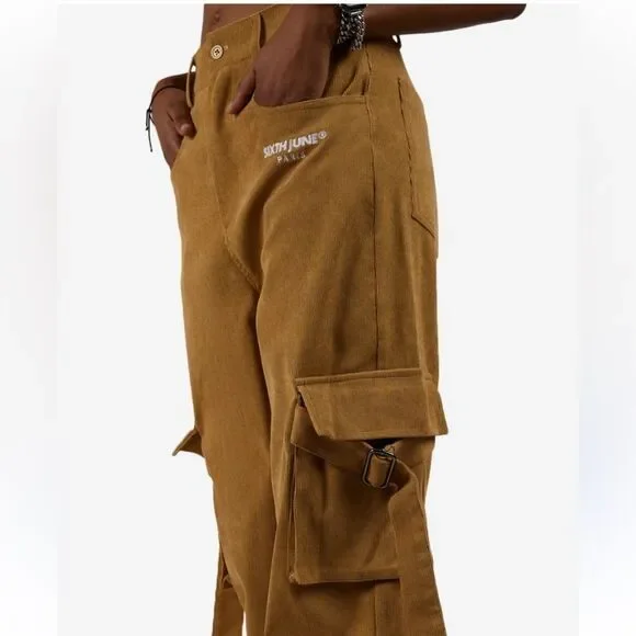 Sixth June Utility Corduroy Pants Sz XL Brown Large Pockets Side Straps Festival - Picture 2 of 9